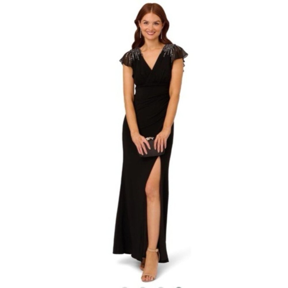 Adrianna Papell 2 Formal Women's Black Sequin Jersey Gown Wedding Guest NEW